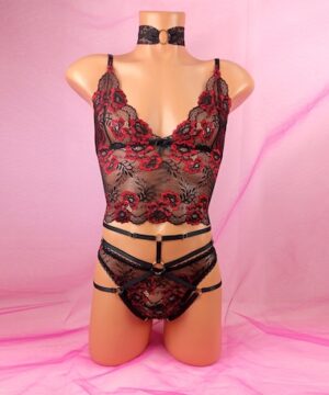 Sensuous Lace Sissy Lingerie Set with Choker Collar and Harness - Men's Fetish Ensemble